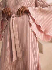 Blush Pink Metallic Plisse Long Sleeve Slash Neck Belted Maxi Dress - Image 4 of 9