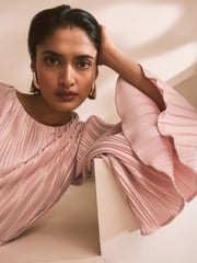 Blush Pink Metallic Plisse Long Sleeve Slash Neck Belted Maxi Dress - Image 5 of 9