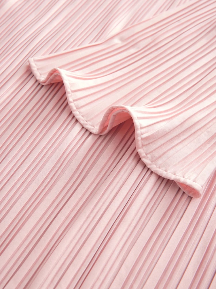 Blush Pink Metallic Plisse Long Sleeve Slash Neck Belted Maxi Dress - Image 9 of 9