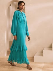 Teal Blue Long Sleeve Tie Neck Ruffle Tiered Maxi Dress - Image 1 of 7