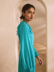 Teal Blue Long Sleeve Tie Neck Ruffle Tiered Maxi Dress - Image 2 of 7