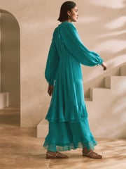 Teal Blue Long Sleeve Tie Neck Ruffle Tiered Maxi Dress - Image 3 of 7