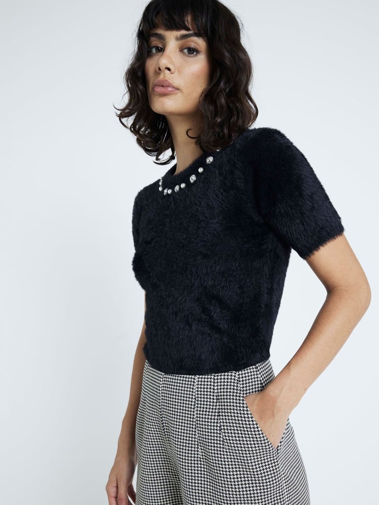 River Island Black Short Sleeve Fluffy Knit Top - Image 1 of 4