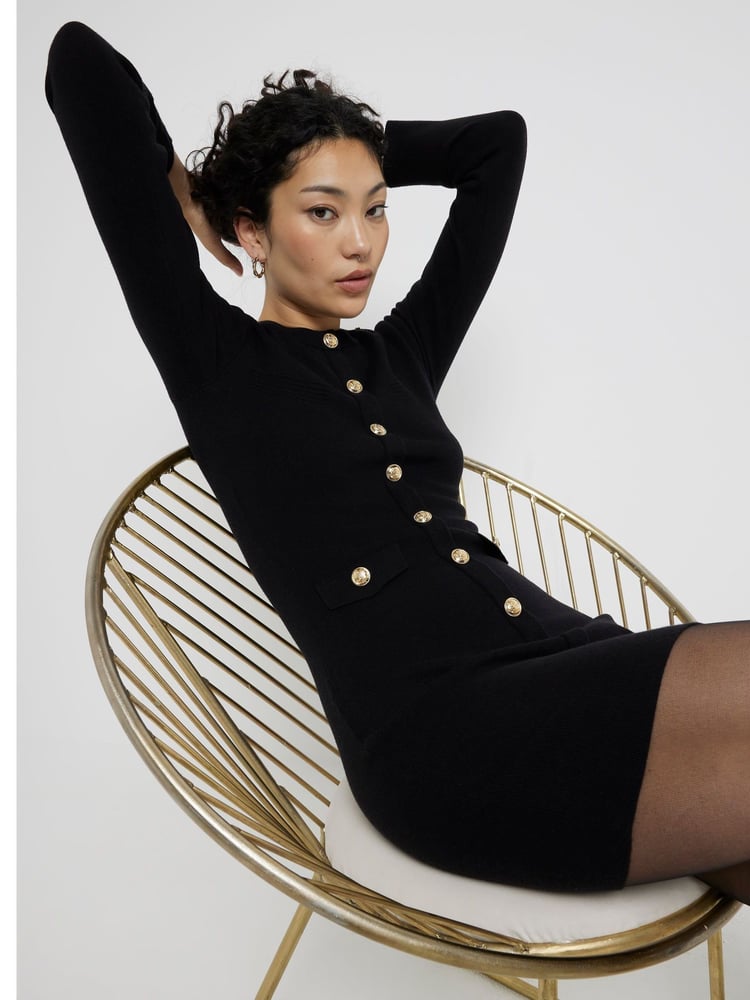 River Island Black Military Button Knit Dress - Image 2 of 5 River Island Black Military Button Knit Dress - Image 2 of 5
