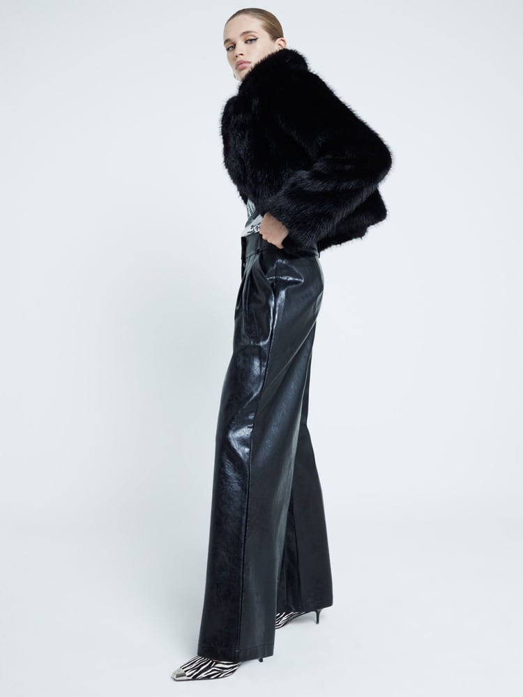 River Island Black Faux Fur Leather Creaked Wide Leg Trousers - Image 1 of 4