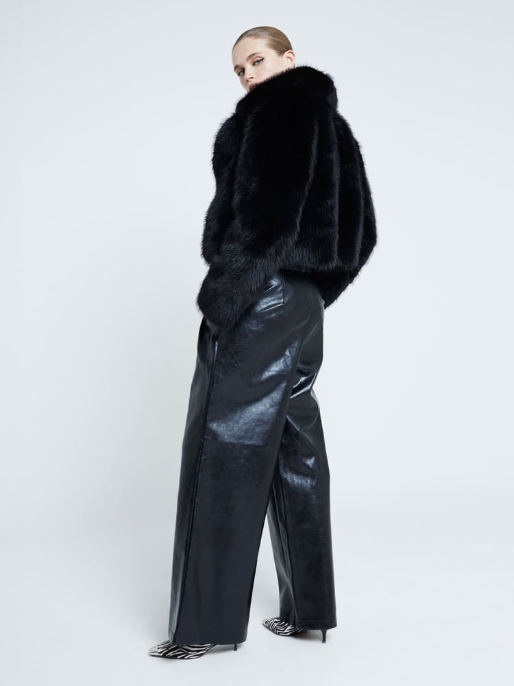 River Island Black Faux Fur Leather Creaked Wide Leg Trousers - Image 2 of 4