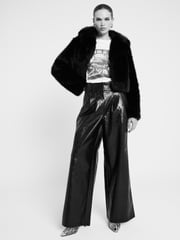River Island Black Faux Fur Leather Creaked Wide Leg Trousers - Image 3 of 4