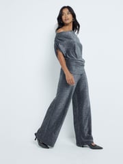 River Island Black Petite Metallic Wide Leg 100% Cotton Trousers - Image 1 of 4