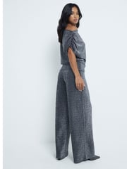 River Island Black Petite Metallic Wide Leg 100% Cotton Trousers - Image 2 of 4