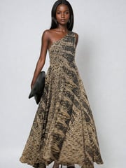 Religion Brown Signature One Shoulder Maxi Dress With Full Multi Layered Skirt - Image 1 of 6