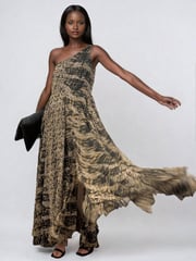Religion Brown Signature One Shoulder Maxi Dress With Full Multi Layered Skirt - Image 4 of 6