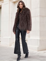 Religion Brown Long Haired Short Relax Fur Coat in Shaggy Soft Faux Fur - Image 1 of 7