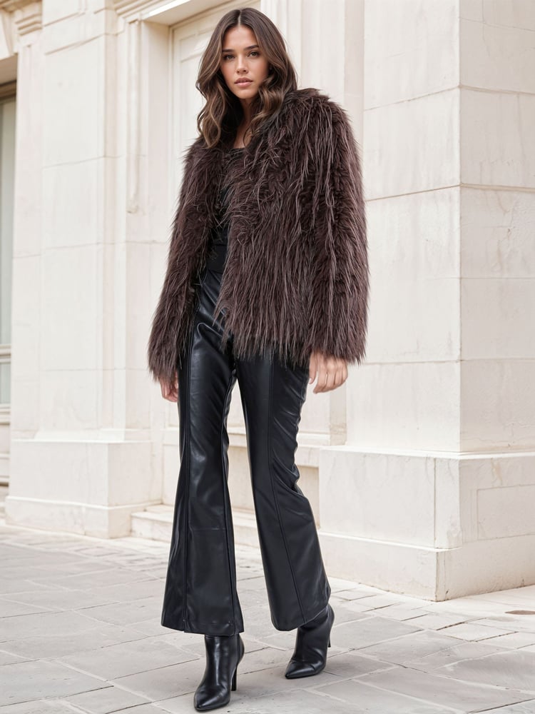 Religion Brown Long Haired Short Relax Fur Coat in Shaggy Soft Faux Fur - Image 1 of 7