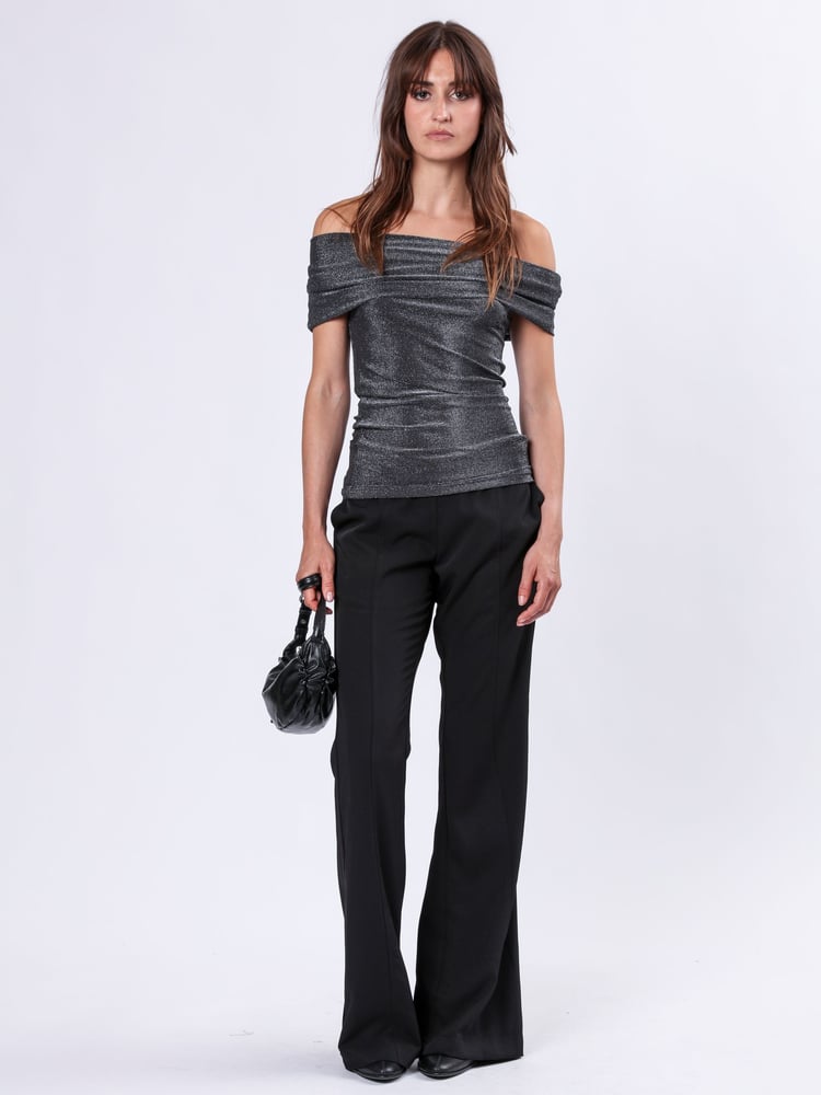 Religion Metallic Off the Shoulder Tanzanite Top in Slinky Metallic Fibre - Image 1 of 6