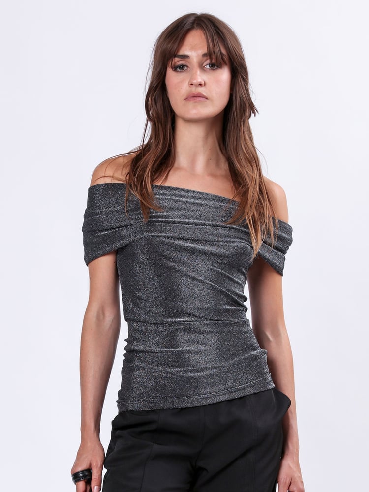 Religion Metallic Off the Shoulder Tanzanite Top in Slinky Metallic Fibre - Image 2 of 6