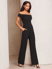 Lipsy Black Petite Embelished 3D Floral Trim Bardot Jumpsuit - Image 1 of 4
