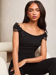 Lipsy Black Petite Embelished 3D Floral Trim Bardot Jumpsuit - Image 2 of 4