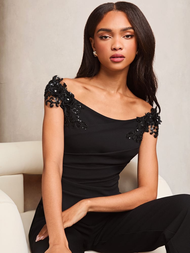 Lipsy Black Petite Embelished 3D Floral Trim Bardot Jumpsuit - Image 2 of 4