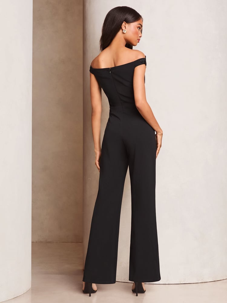 Lipsy Black Petite Embelished 3D Floral Trim Bardot Jumpsuit - Image 4 of 4