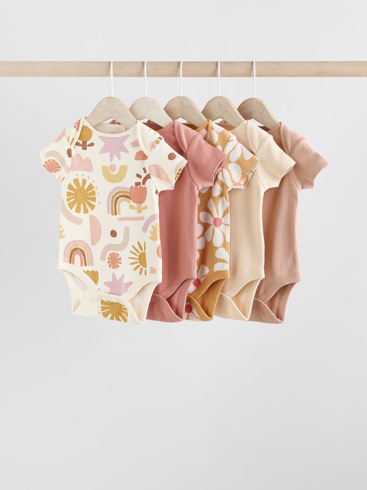 Cream/Brown Baby Short Sleeve 100% Cotton Bodysuits 5 Pack - Image 1 of 12
