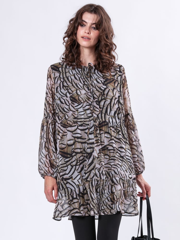 Religion Natural Infinity Mini Tunic Dress With Cuffed Sleeves In Hand Painted Prints - Image 2 of 6
