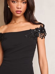 Lipsy Black Embelished 3D Floral Trim Bardot Jumpsuit - Image 3 of 4