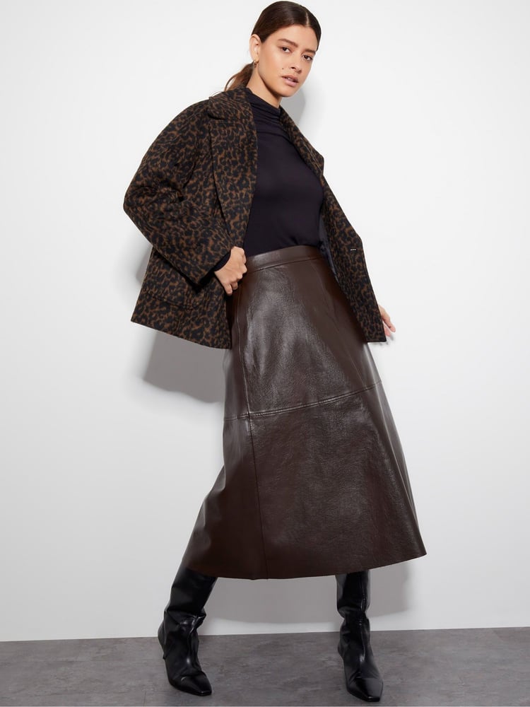 Monsoon Brown Pippa Faux Leather Midi Skirt - Image 1 of 5