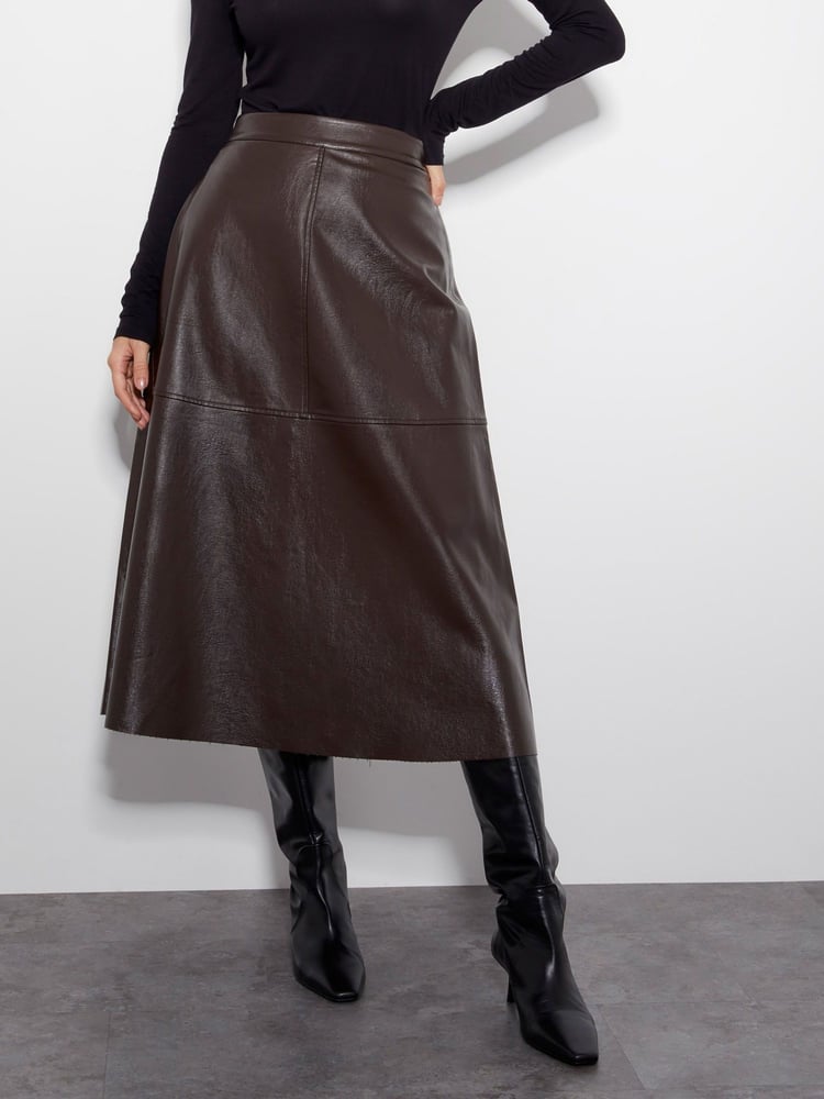 Monsoon Brown Pippa Faux Leather Midi Skirt - Image 2 of 5