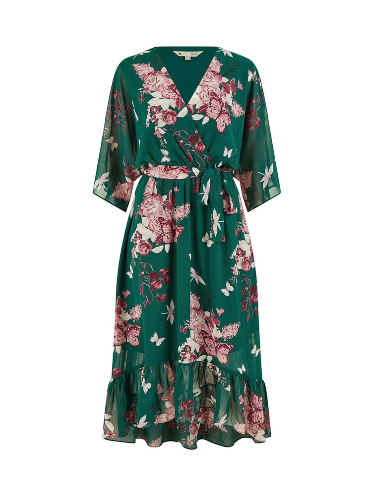 Yumi Green Floral Kimono Dipped Hem Dress - Image 5 of 5