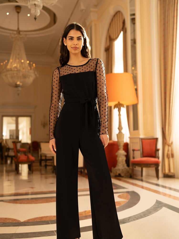 Yumi Black Spot Mesh Stretch Jumpsuit - Image 2 of 9