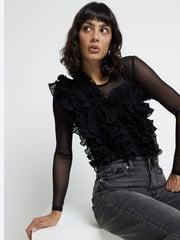 River Island Black Frill Long Sleeve Bodies - Image 3 of 6