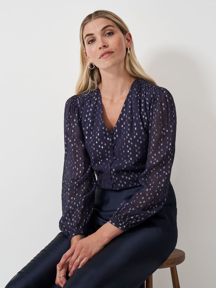 Crew Clothing Blue Lola Metallic Tie Back Blouse - Image 1 of 5