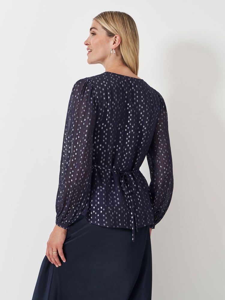 Crew Clothing Blue Lola Metallic Tie Back Blouse - Image 2 of 5