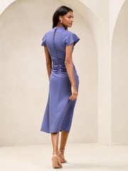 Lipsy Blue Petite Short Sleeve Ruched Keyhole Fit And Flare Midi Dress - Image 4 of 4
