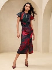 Lipsy Black Floral Petite Short Sleeve Ruched Keyhole Fit And Flare Midi Dress - Image 1 of 4