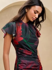 Lipsy Black Floral Petite Short Sleeve Ruched Keyhole Fit And Flare Midi Dress - Image 4 of 4