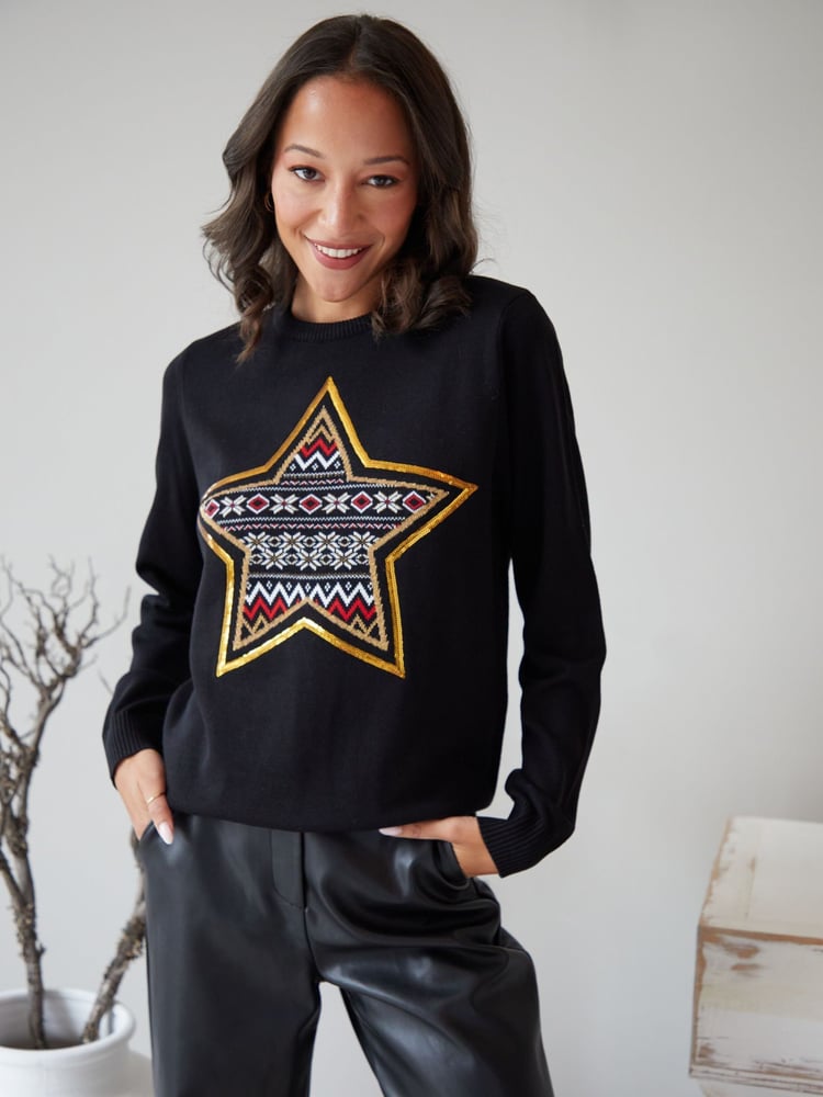 Threadbare Black Fairisle Knitted Christmas Jumper - Image 1 of 5