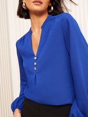 Friends Like These Blue Long Sleeve Button Notch Neck Blouse - Image 4 of 4