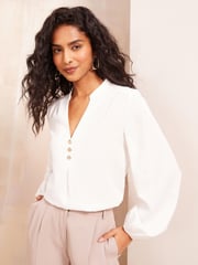 Friends Like These Ivory Petite Long Sleeve Button Notch Neck Blouse - Image 1 of 4