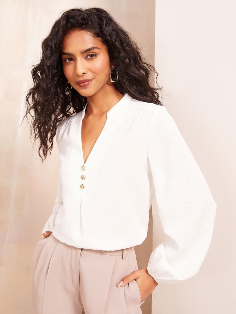 Friends Like These Ivory Petite Long Sleeve Button Notch Neck Blouse - Image 1 of 4