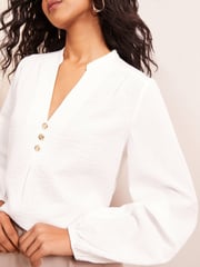 Friends Like These Ivory Petite Long Sleeve Button Notch Neck Blouse - Image 2 of 4