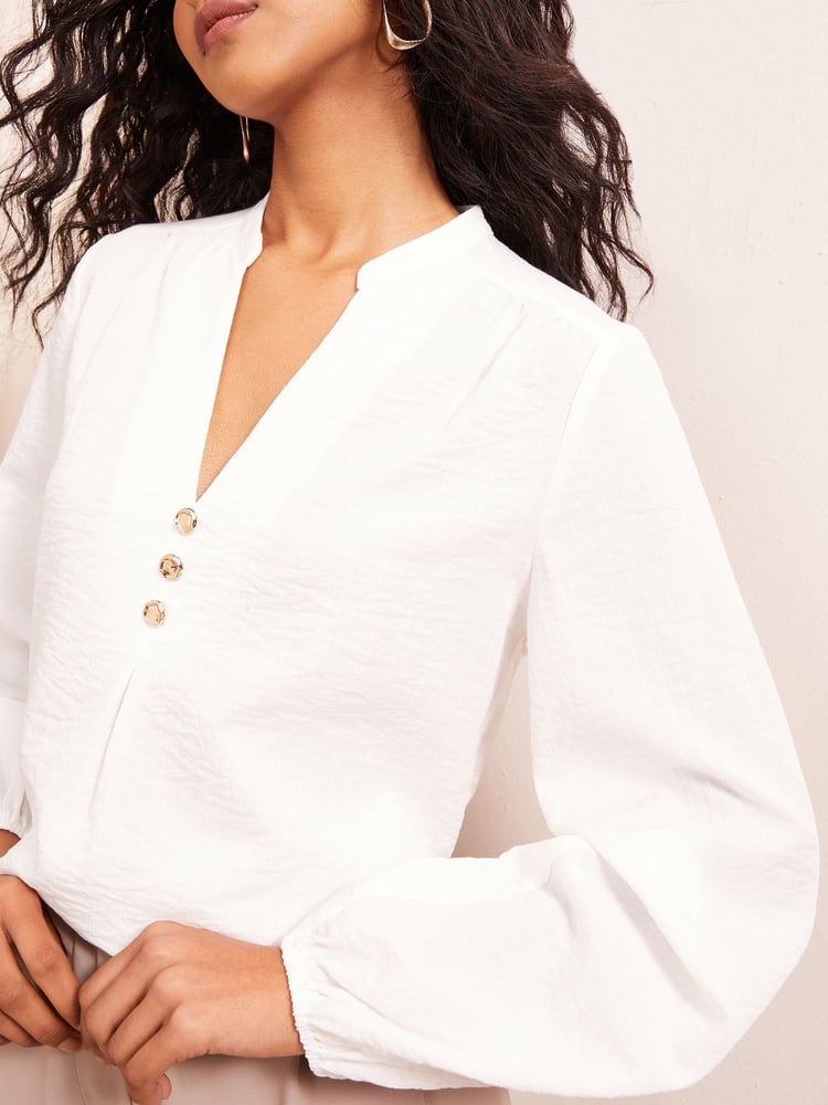Friends Like These Ivory Petite Long Sleeve Button Notch Neck Blouse - Image 2 of 4