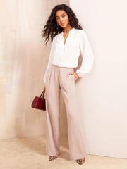 Friends Like These Ivory Petite Long Sleeve Button Notch Neck Blouse - Image 3 of 4