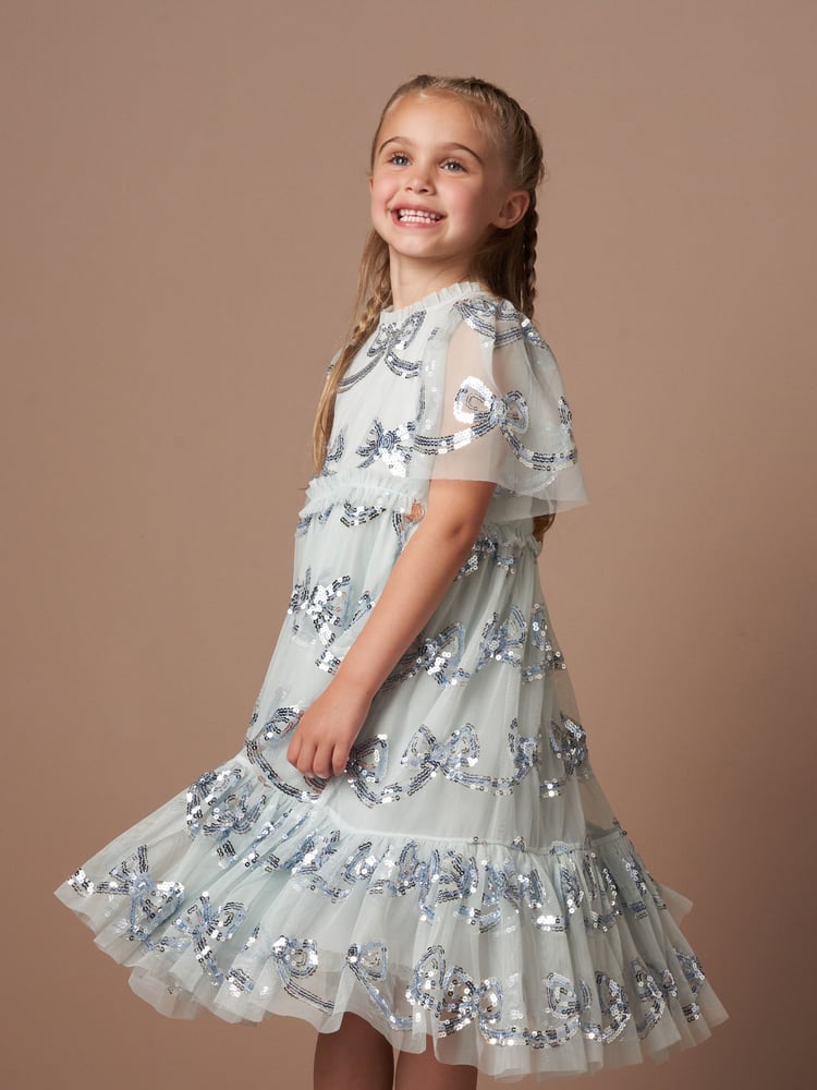 Angel & Rocket Blue Delta Sequin Bow Mesh Dress - Image 1 of 7
