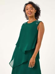 Roman Green Petite Embellished Tiered Shift Dress - Image 4 of 7