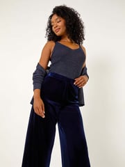 Roman Blue Velvet Petite Wide Leg Stretch Trousers - Image 1 of 5