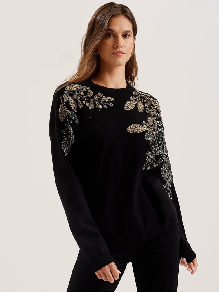 Ted Baker Black Rosmrry Embellished Crew Neck Long Sleeve Sweater - Image 1 of 6