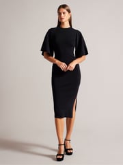 Ted Baker Black Lounia Fluted Sleeves Knitted Bodycon Midi Dress - Image 1 of 6