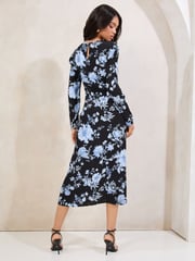 Lipsy Black and Blue Floral Long Sleeve Split Detail Midi Dress - Image 4 of 4