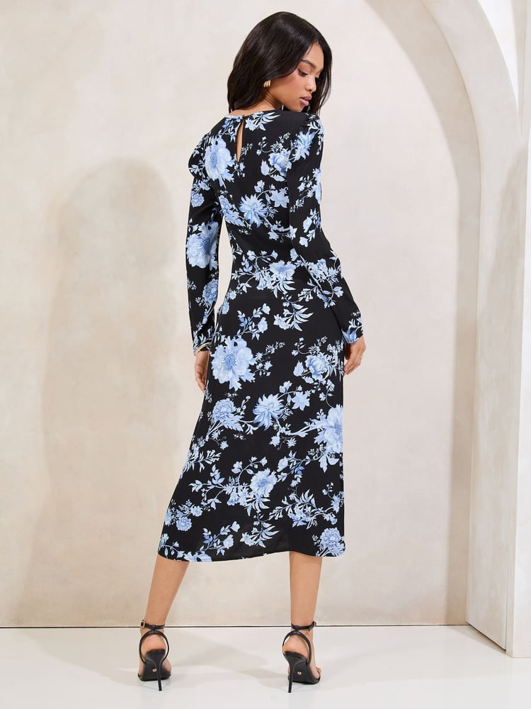 Lipsy Black and Blue Floral Long Sleeve Split Detail Midi Dress - Image 4 of 4